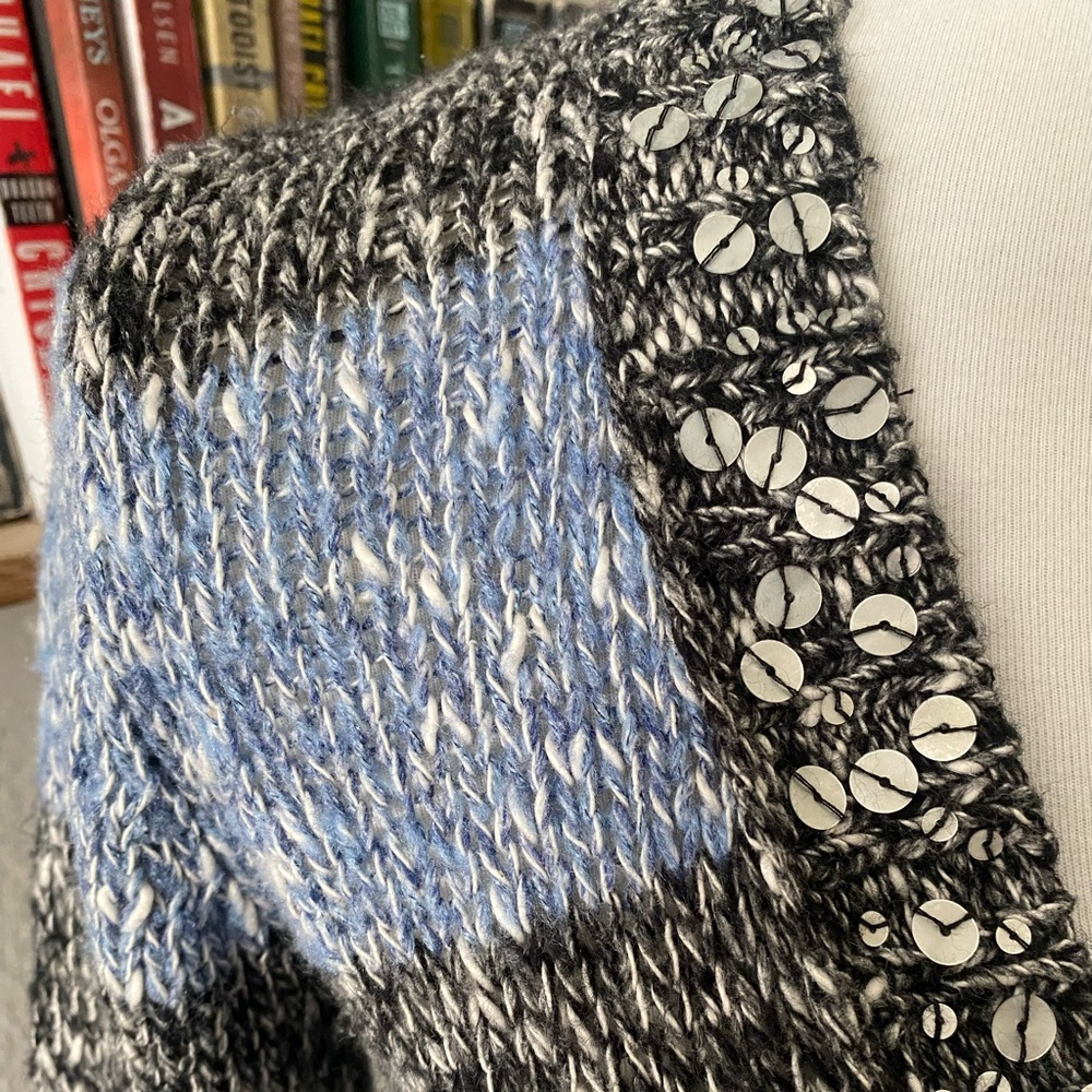 Vtg Y2K Mudd Blue Black Striped Sequin Long Knit Grandpa Dark Academia Cardigan - Picture 3 of 8